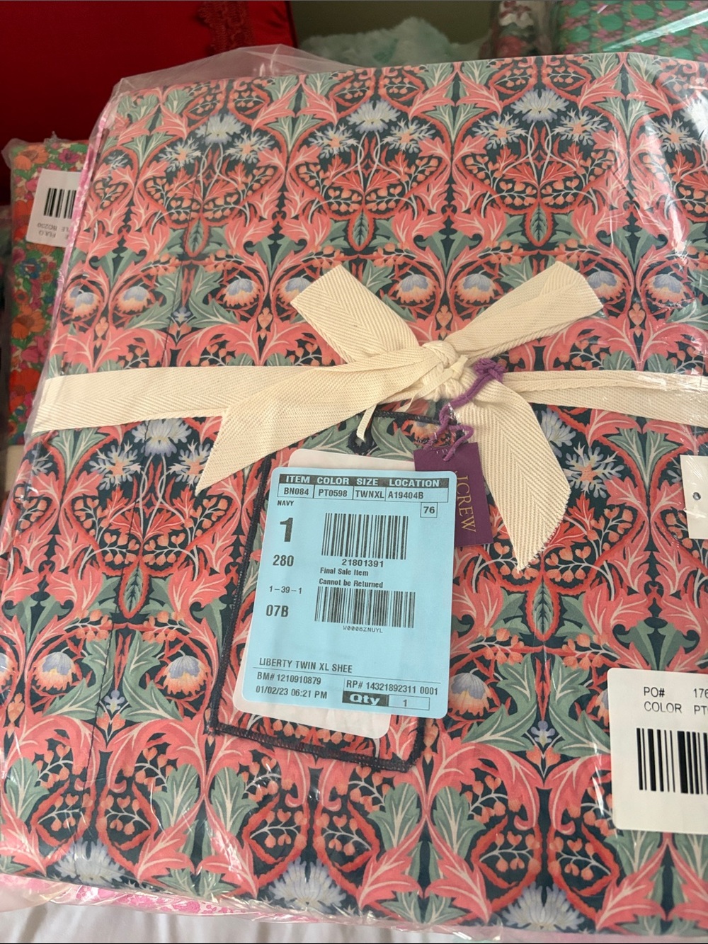 J. Crew Coral, Green and Navy Floral Twin XL Sheet Set